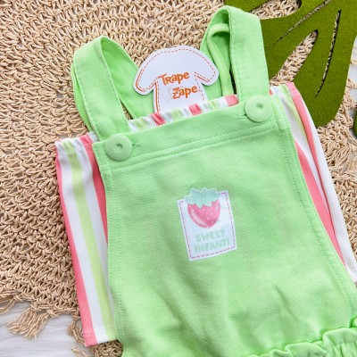 Conj. Cropped Listrado e Jardineira Curta com Pochete de Morango - Verde Neon